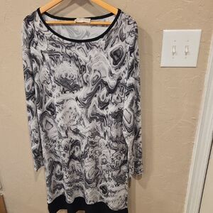 Michael Kors Black & White Abstract Print Tunic Dress Long Sleeve Large